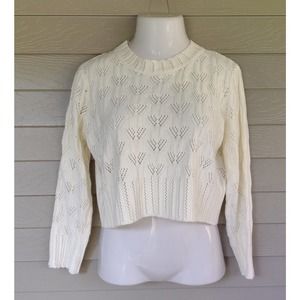 En Creme from Anthropologie Womens Ivory Open Cable Knit Crop Top Sweater Size M